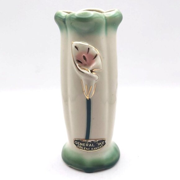 Vintage MCM Ceramic Floral Vase w/ Gold Trim General Ike Home Kansas Souvenir - Picture 1 of 7